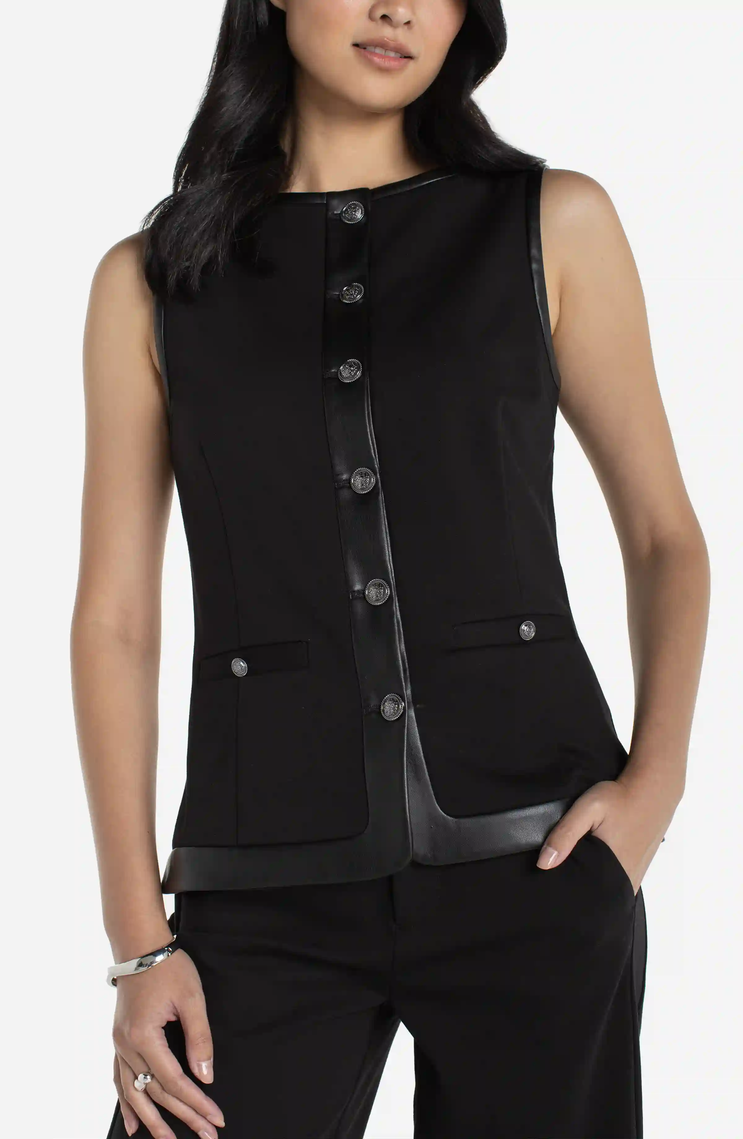 BOATNECK VEST W/ FAUX LEATHER TRIM