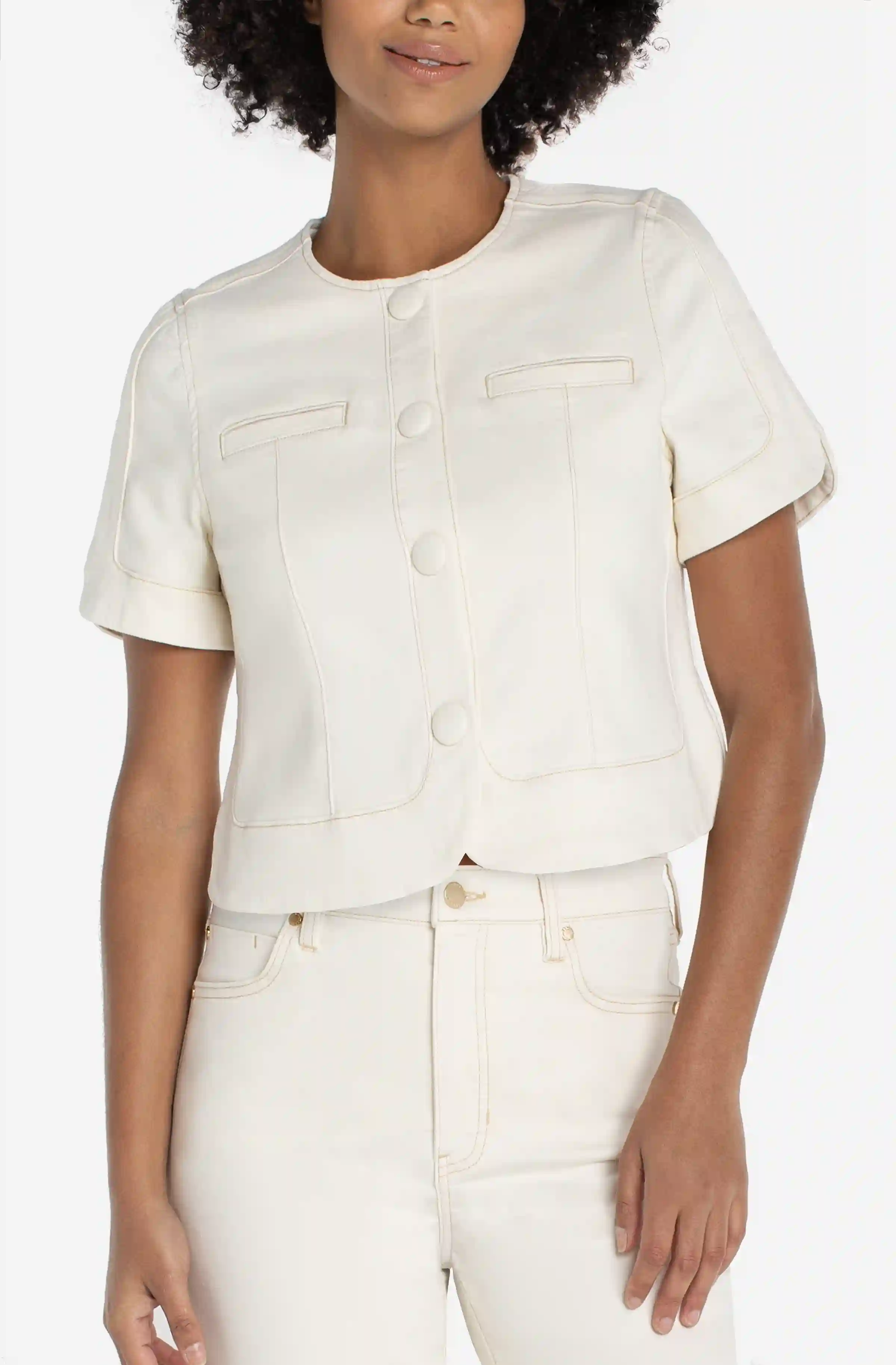 PETITE COLLARLESS SHORT SLEEVE CROPPED JACKET
