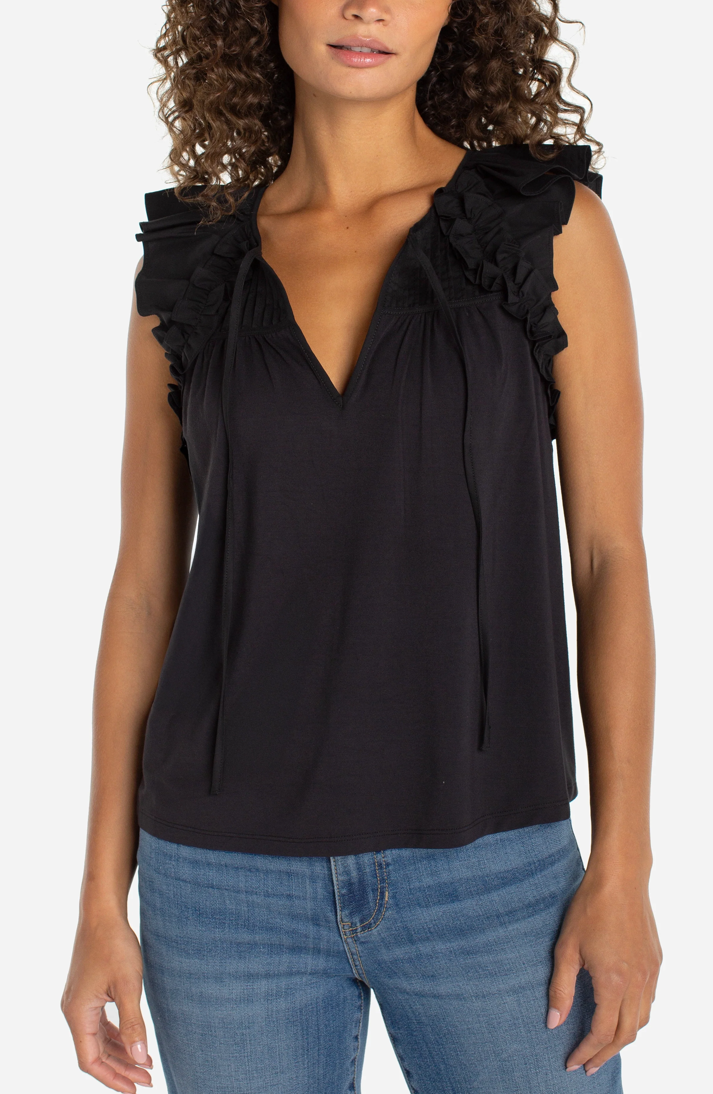 FLUTTER SLEEVE KNIT-TO-WOVEN TOP W/ TIES