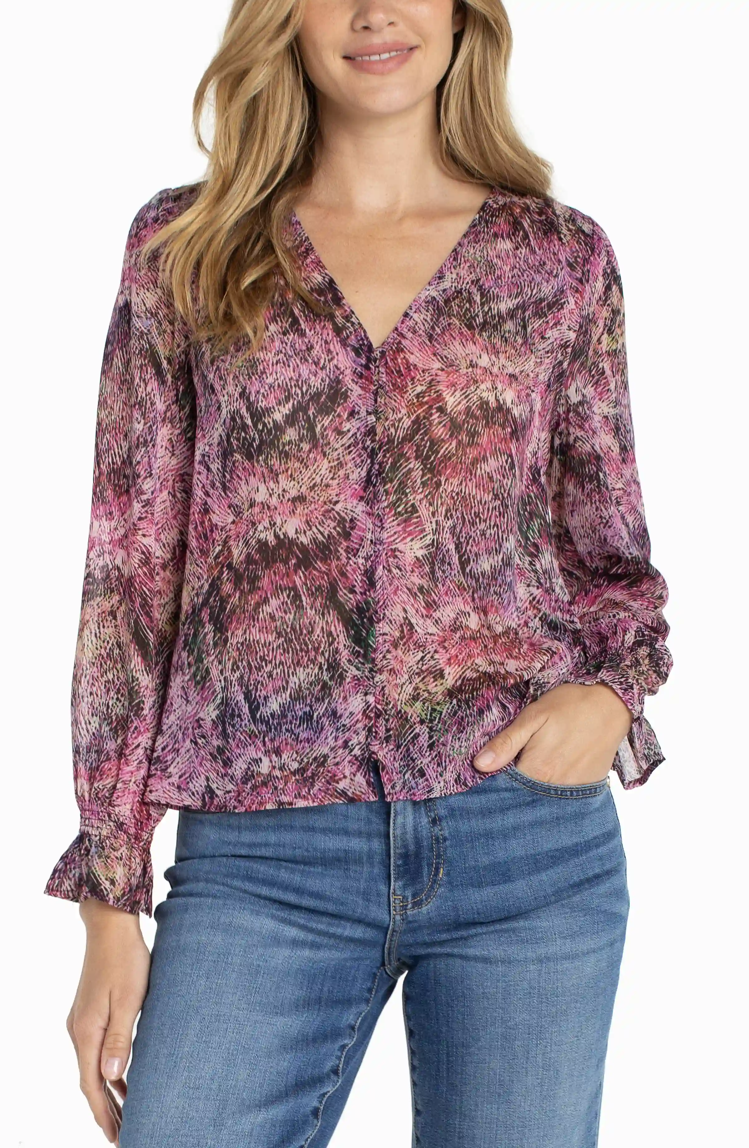 BUTTON FRONT WOVEN TOP W/ SMOCKING