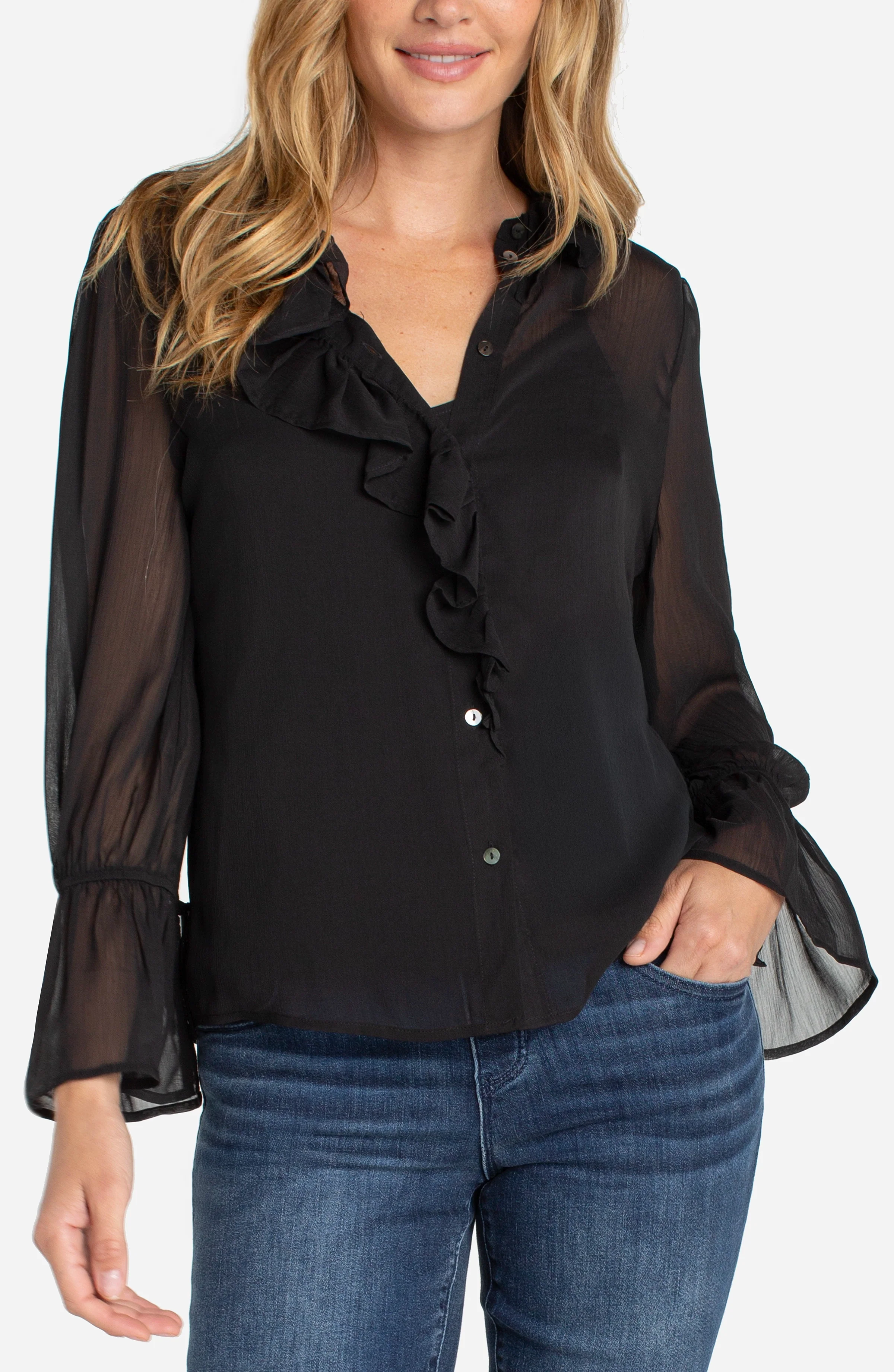 LONG SLEEVE RUFFLE FRONT WOVEN SHIRT