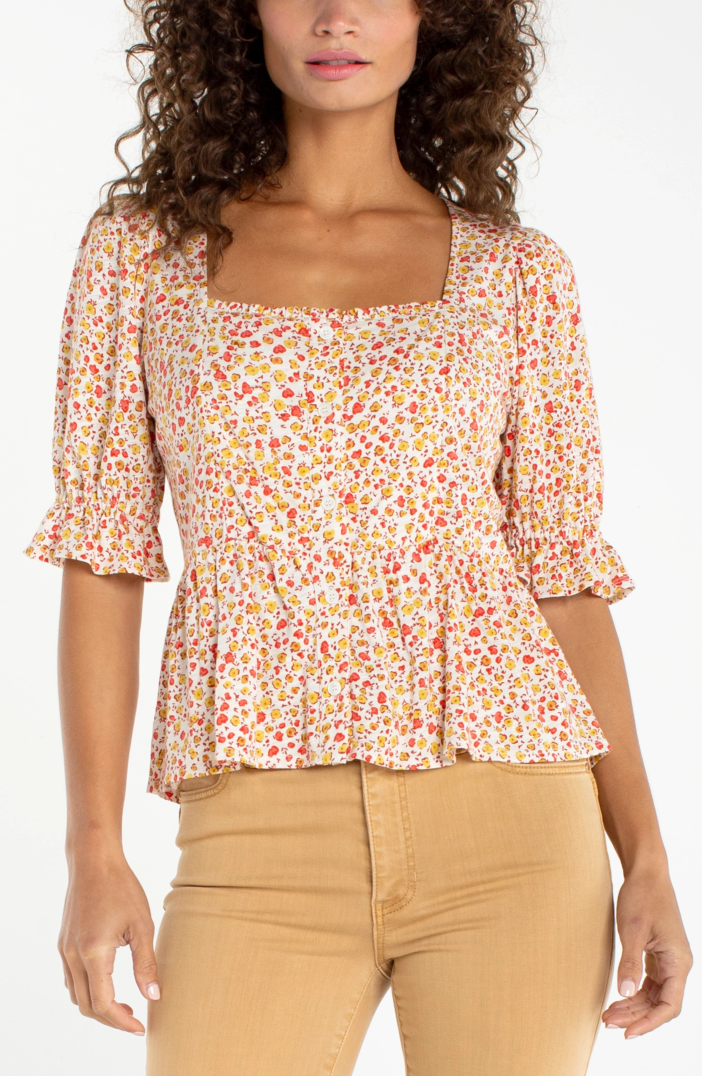 PETITE 1/2 PUFF SLEEVE PEPLUM KNIT TOP