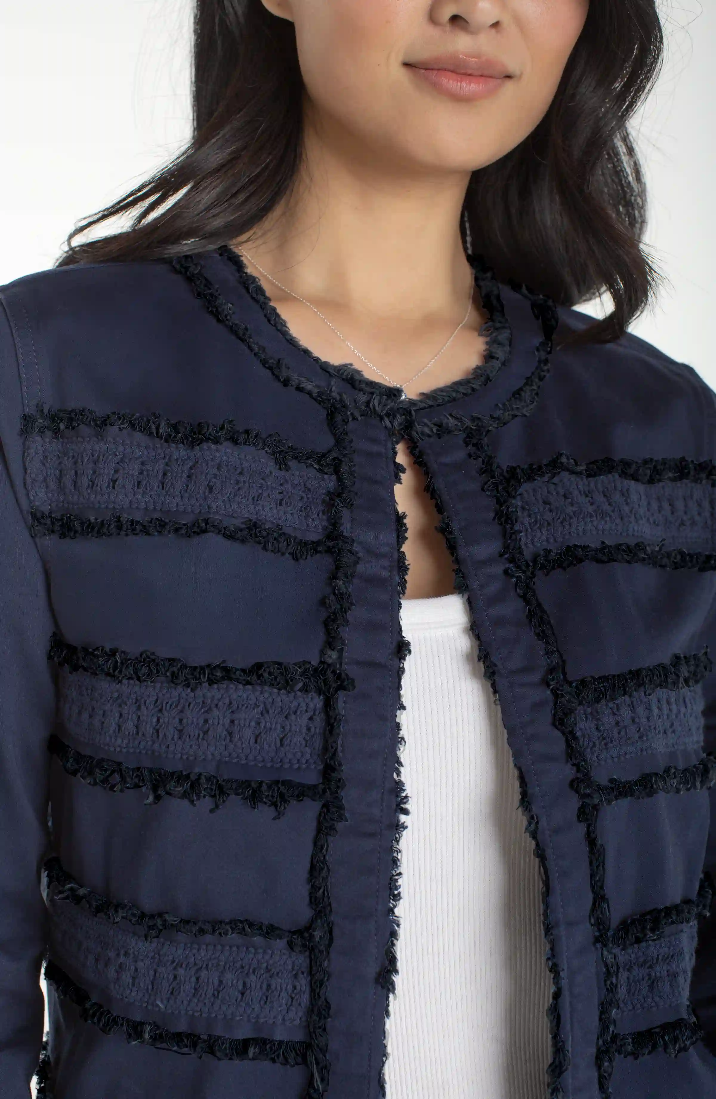 PETITE COLLARLESS JACKET WITH FRAY & LACE - Image 3