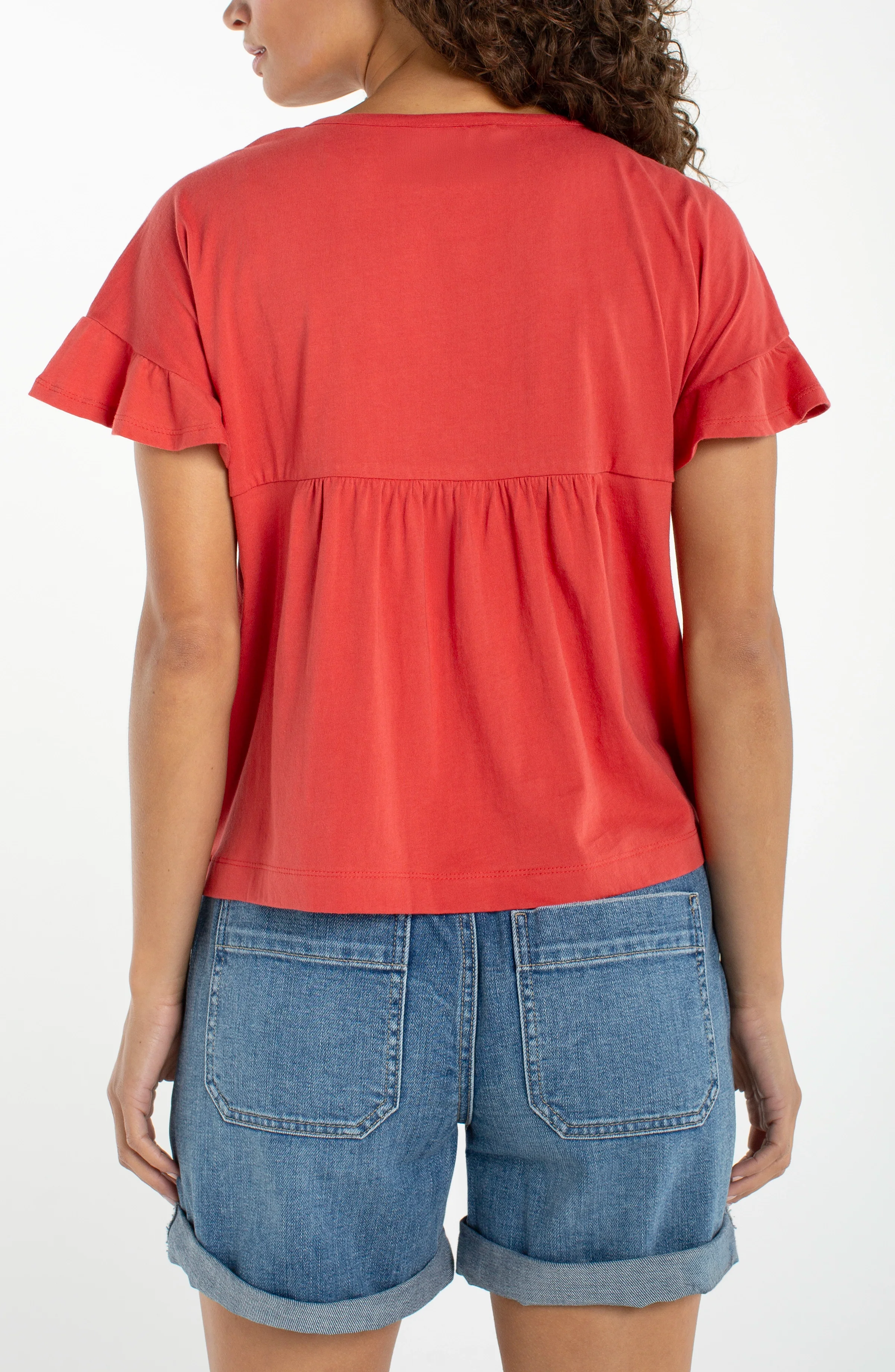 PETITE FLUTTER SLEEVE KNIT-TO-WOVEN TOP - Image 3