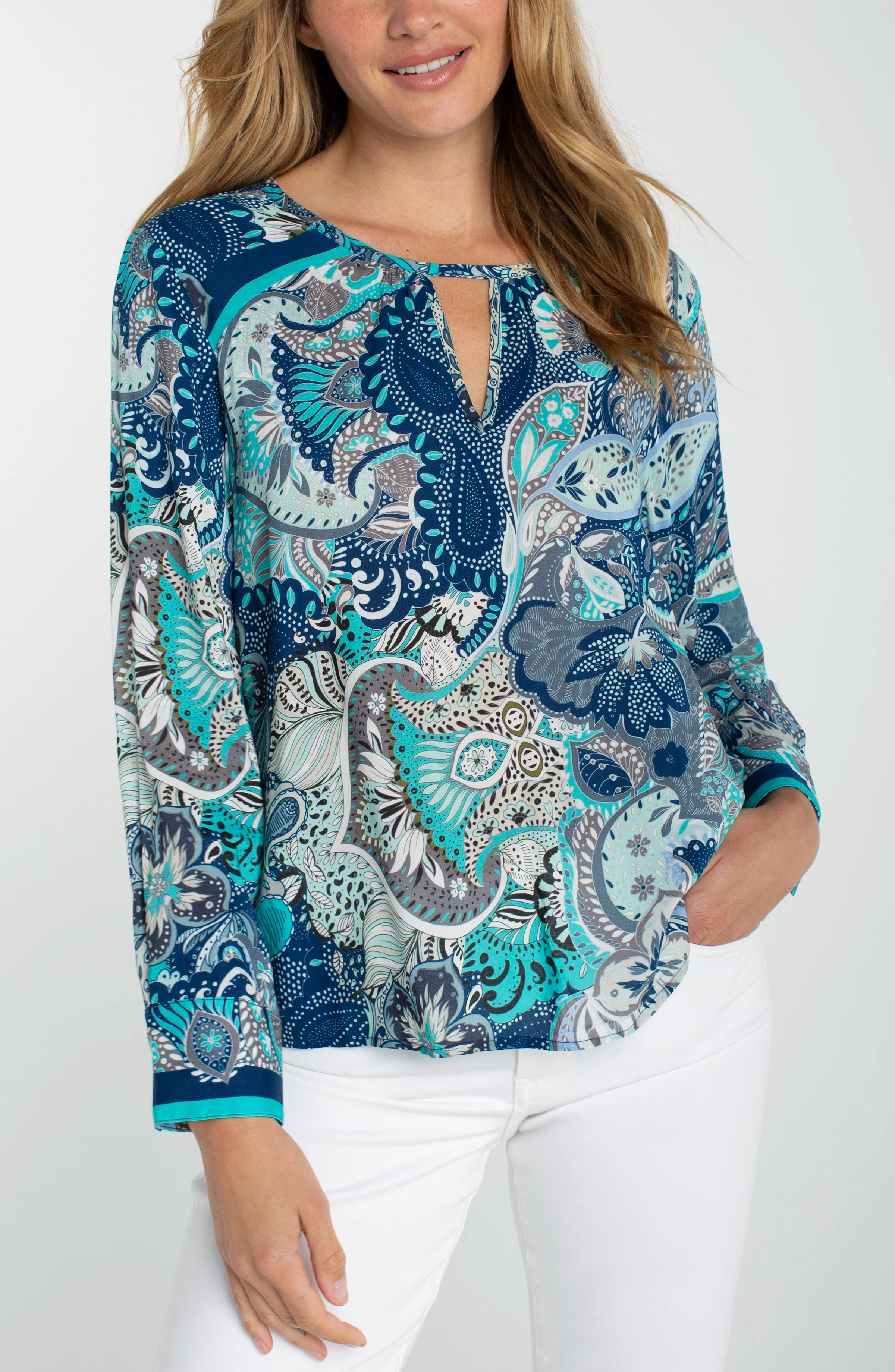 LONG SLEEVE WOVEN TOP WITH KEYHOLE