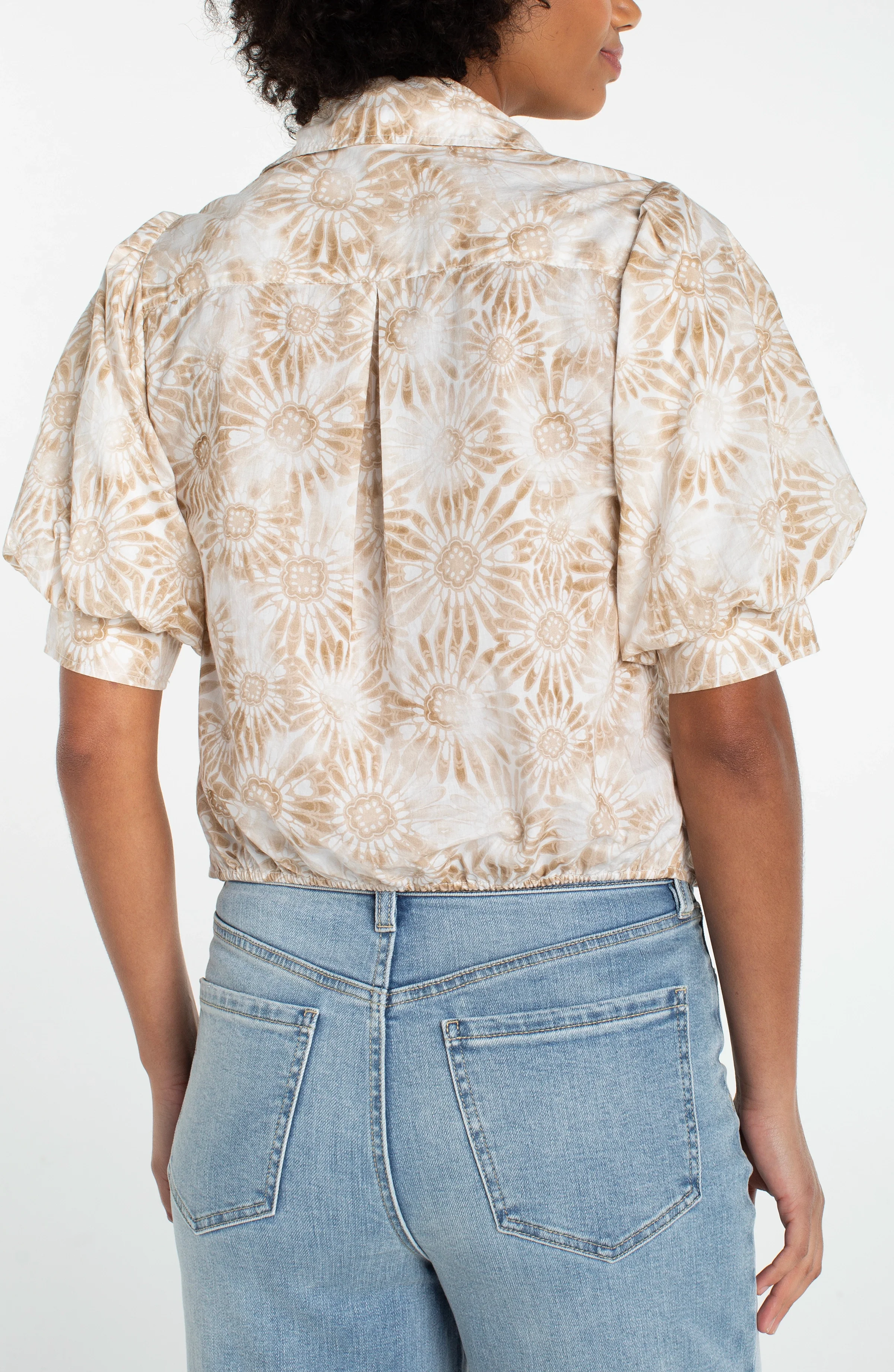 PUFF SLEEVE BUTTON FRONT WOVEN TOP W/ TWIST - Image 2