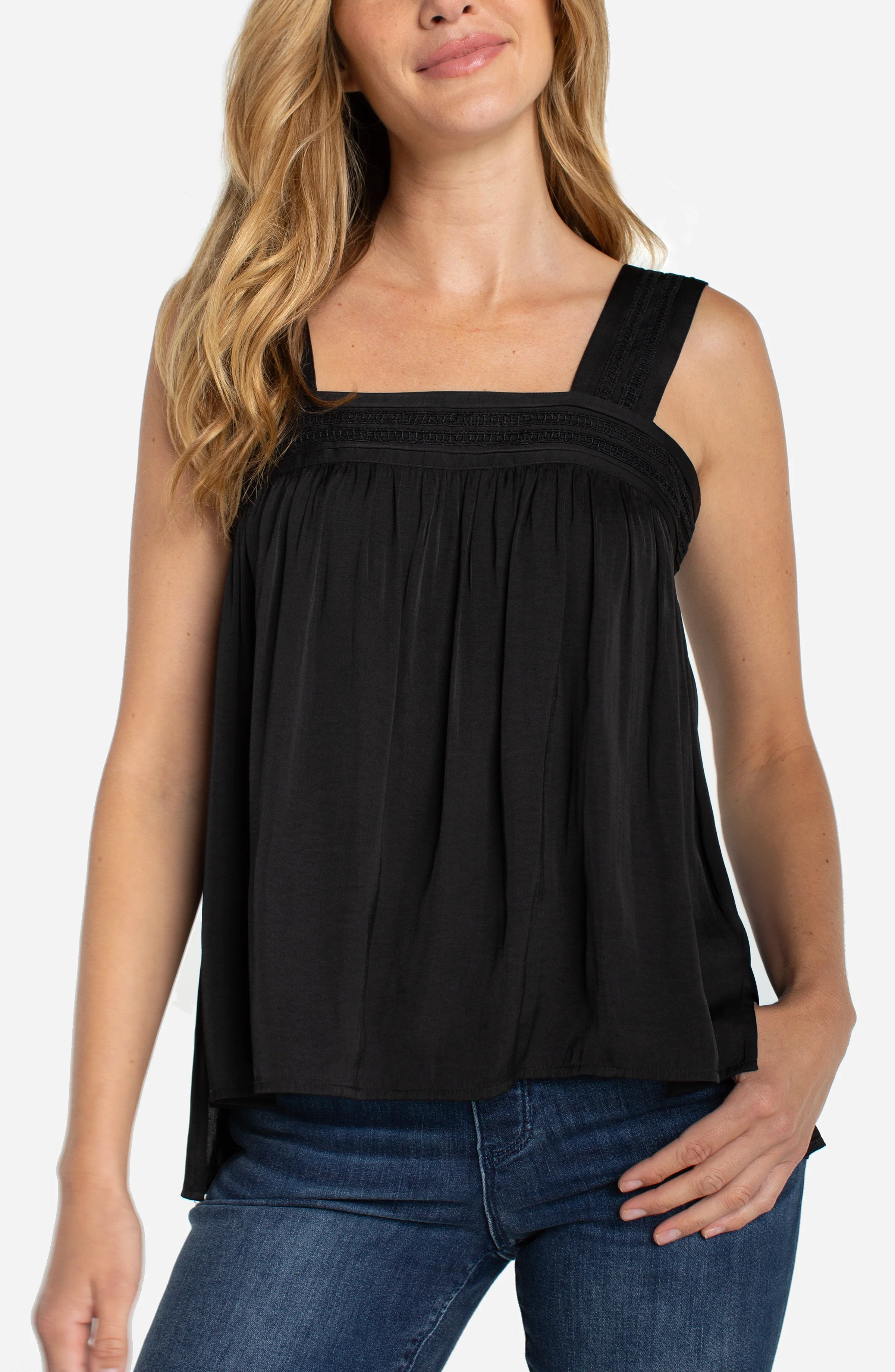 PETITE SLEEVELESS WOVEN TOP W/ PINTUCK STRAPS