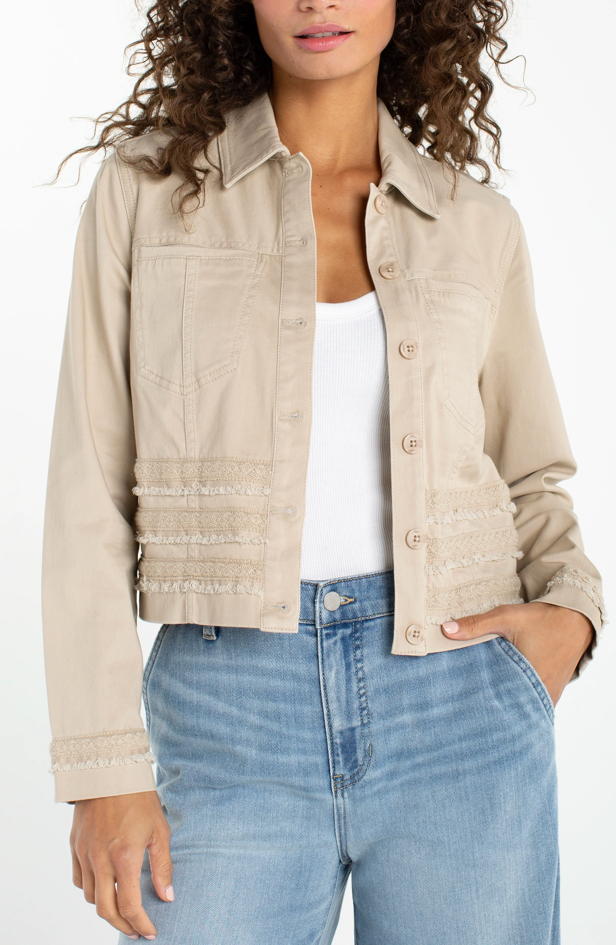 PETITE TRUCKER JACKET WITH FRAY & LACE