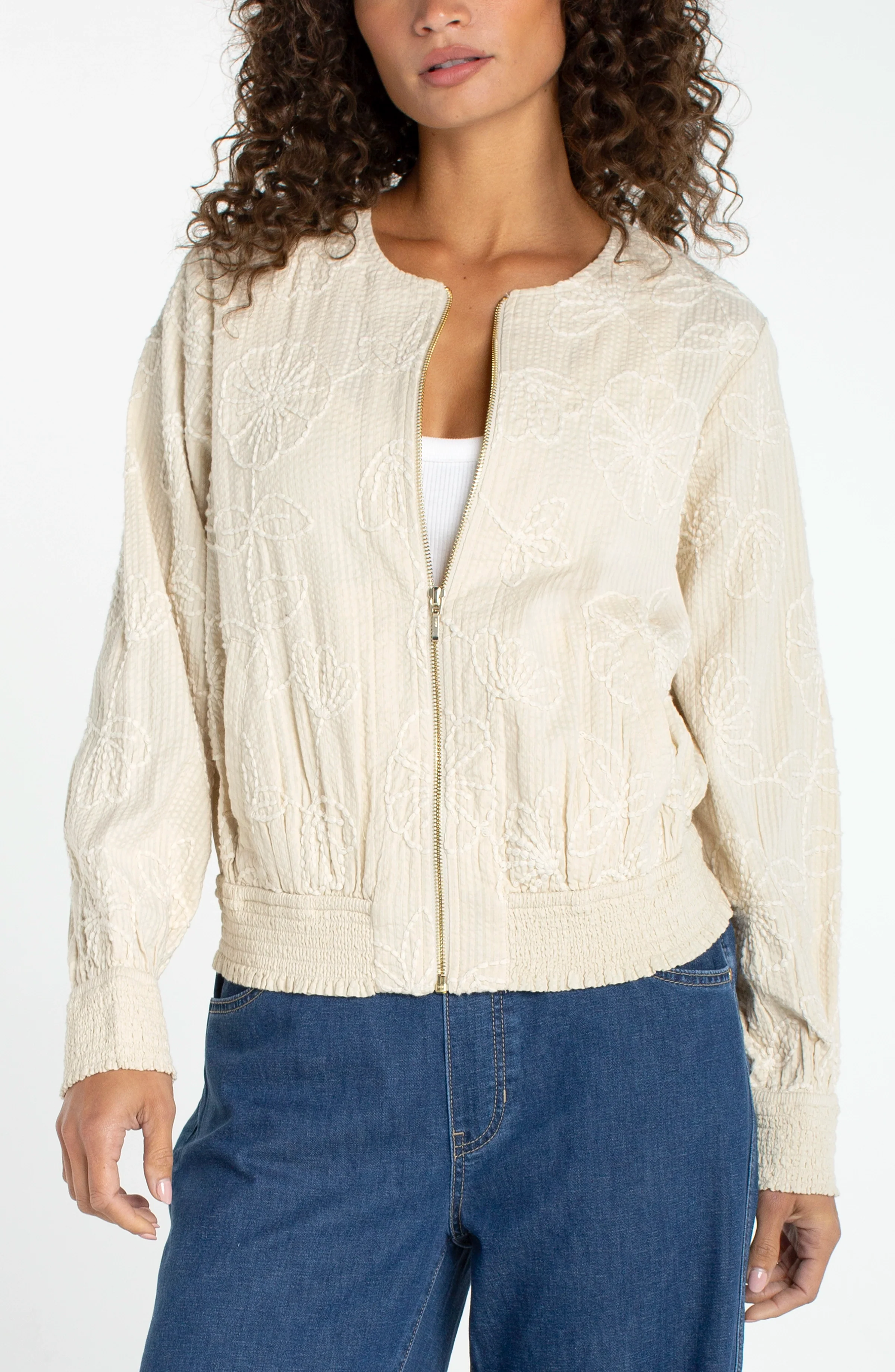 COLLARLESS JACKET WITH SMOCKING