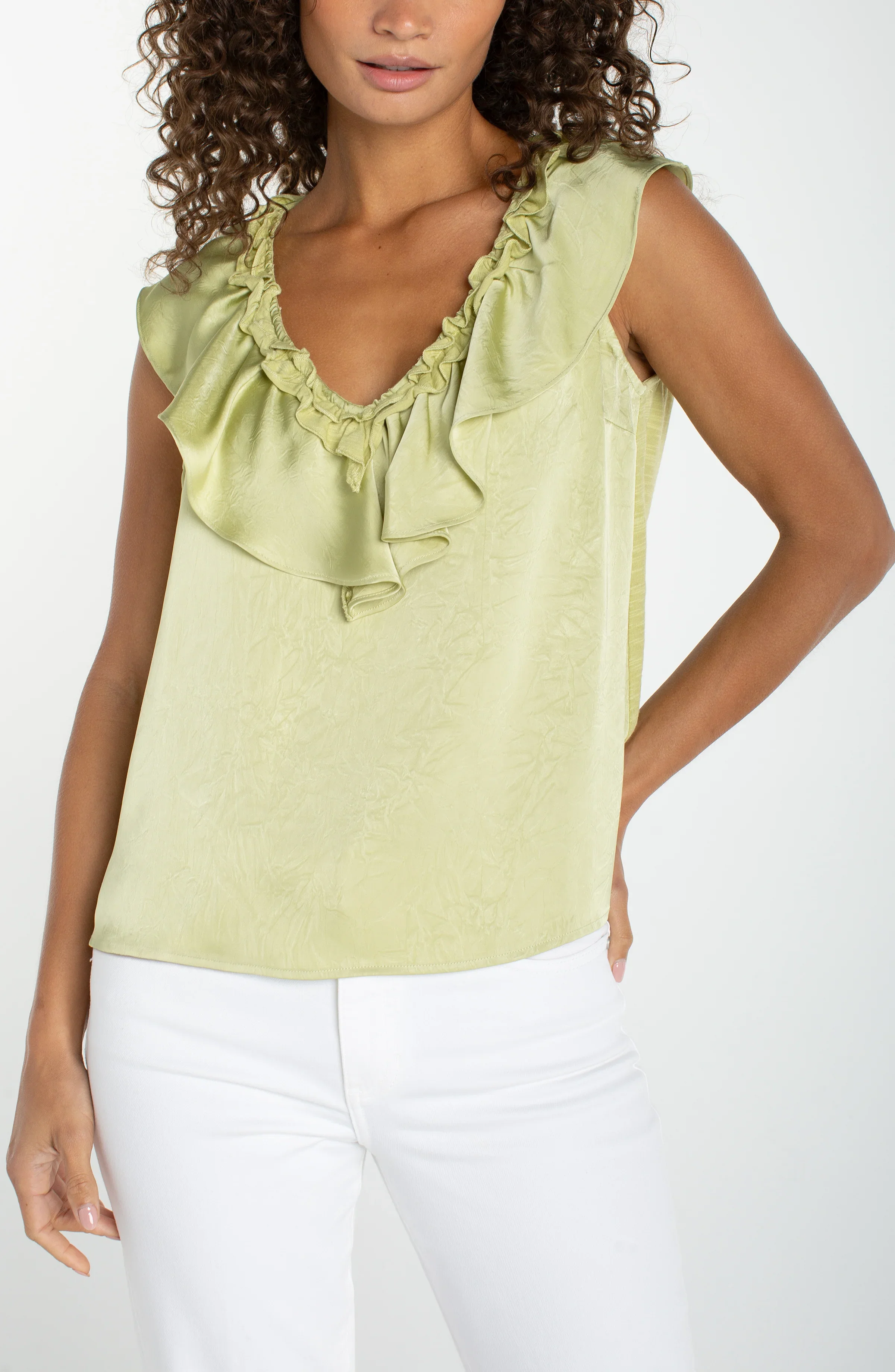 RUFFLE FRONT SLEEVELESS WOVEN-TO-KNIT TOP