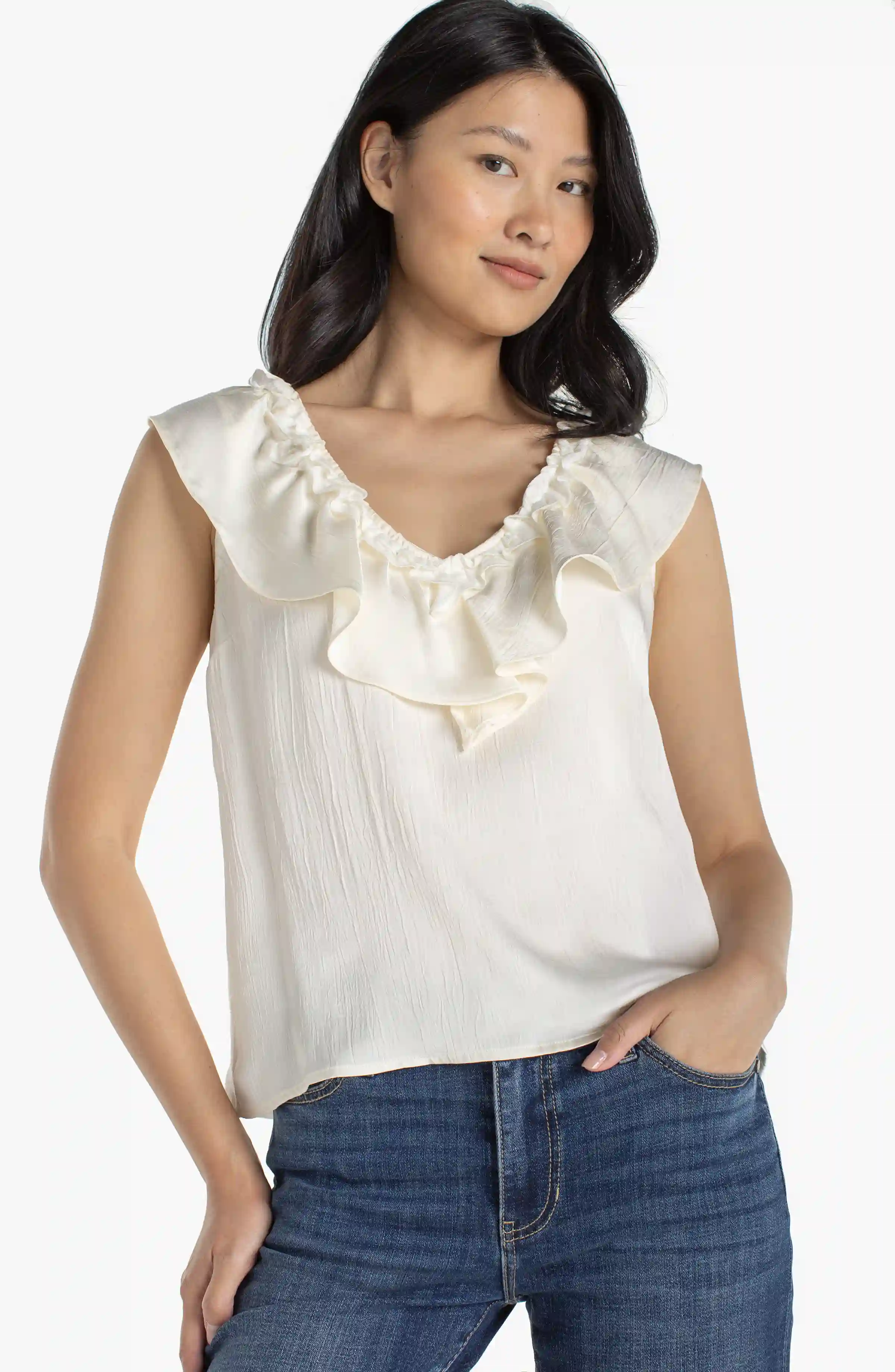 RUFFLE FRONT SLEEVELESS WOVEN-TO-KNIT TOP