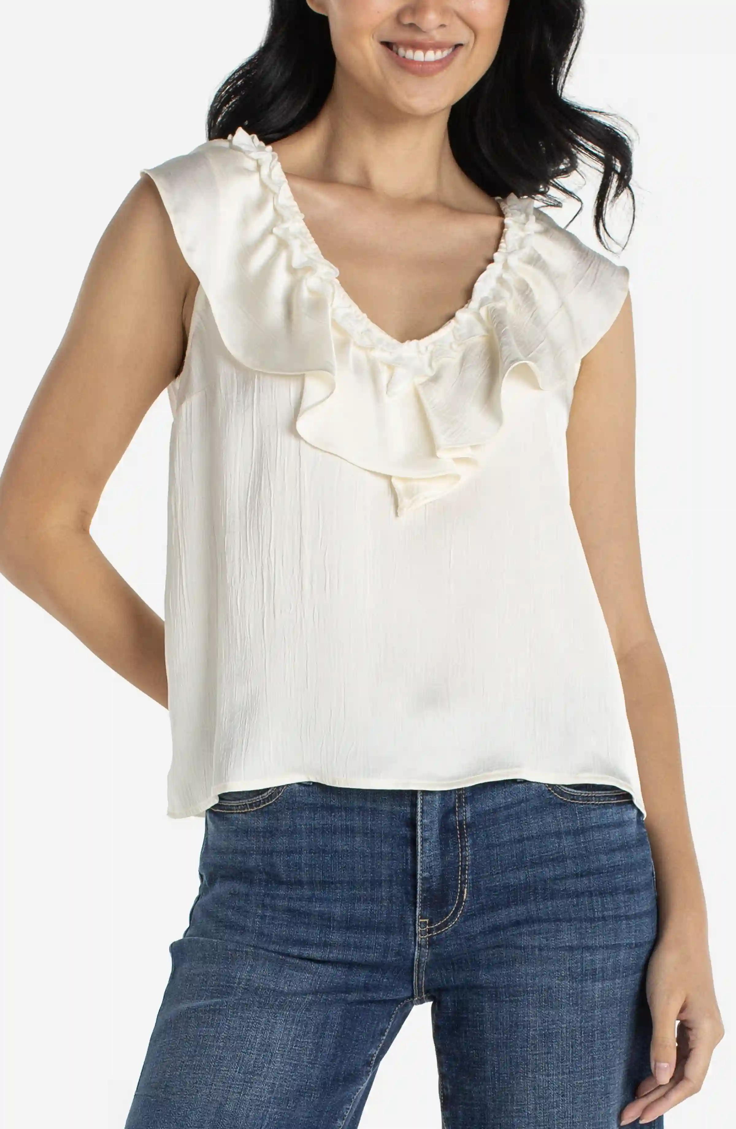 RUFFLE FRONT SLEEVELESS WOVEN-TO-KNIT TOP - Image 2