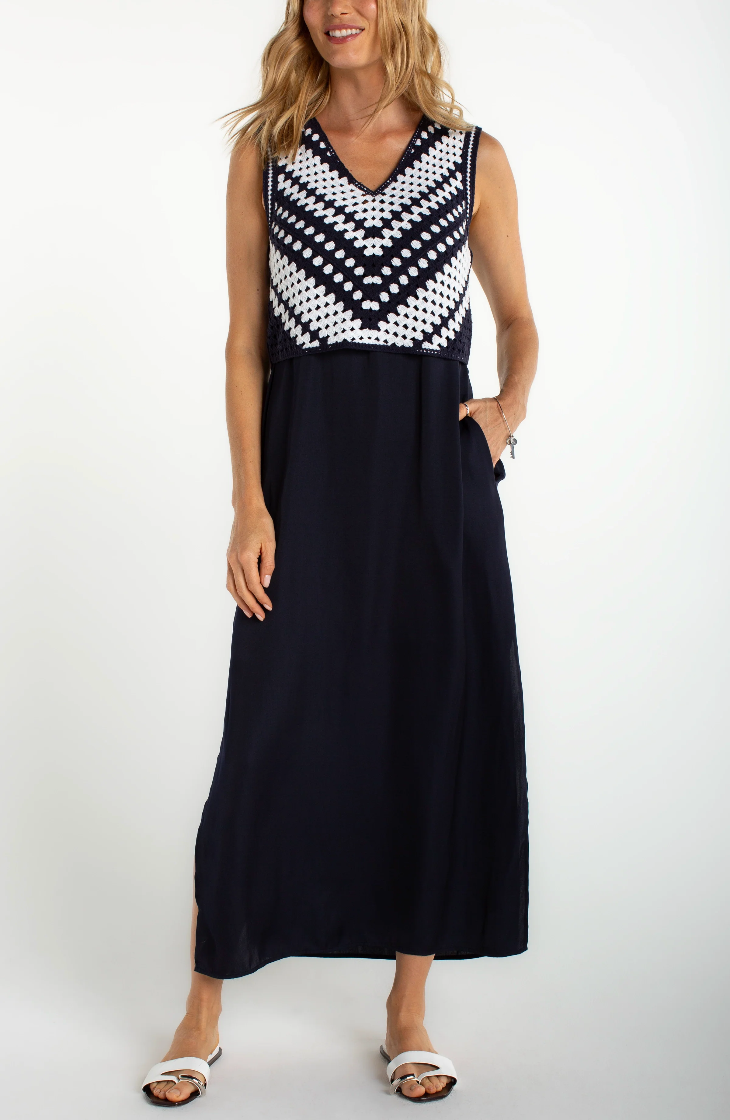 SLEEVELESS V-NECK CROCHET WOVEN DRESS - Image 4
