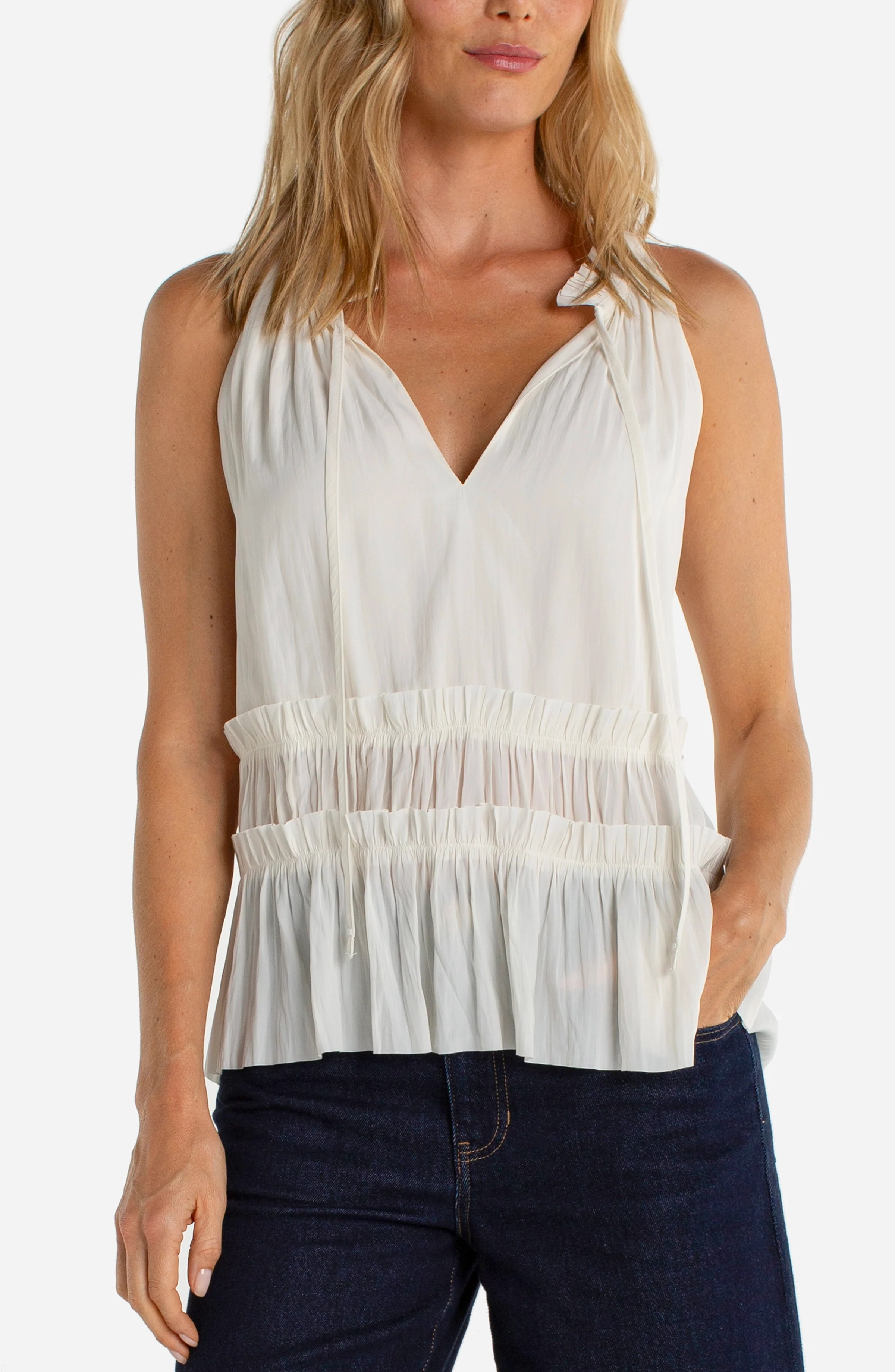SLEEVELESS WOVEN TOP WITH RUFFLES