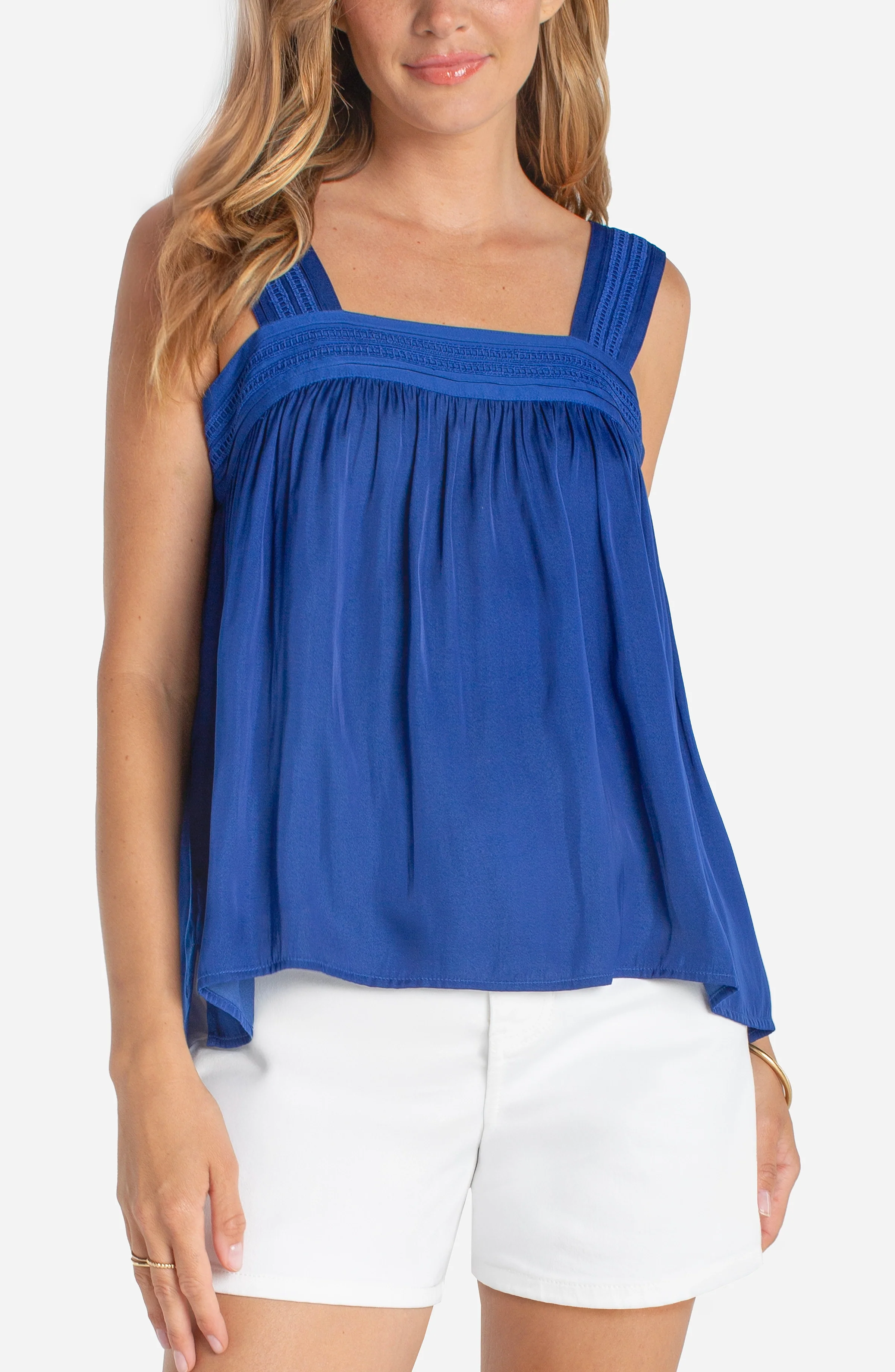 SLEEVELESS WOVEN TOP W/ PINTUCK STRAPS